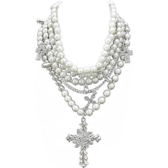 Layered Pearl Necklace Gothic Cross Stacked Necklace 18k gold plated silver new - Picture 2 of 7